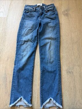 Frame Denim Navy Blue Straight-Leg Jeans with Frayed V Hem Detail